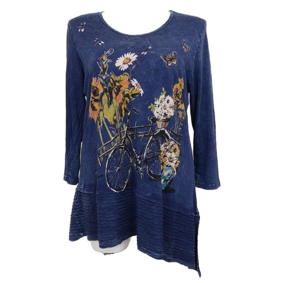 Jess & Jane Women's XL Mineral Washed Cotton Wavy Contrast Asymmetric Tunic Top - Picture 1 of 11